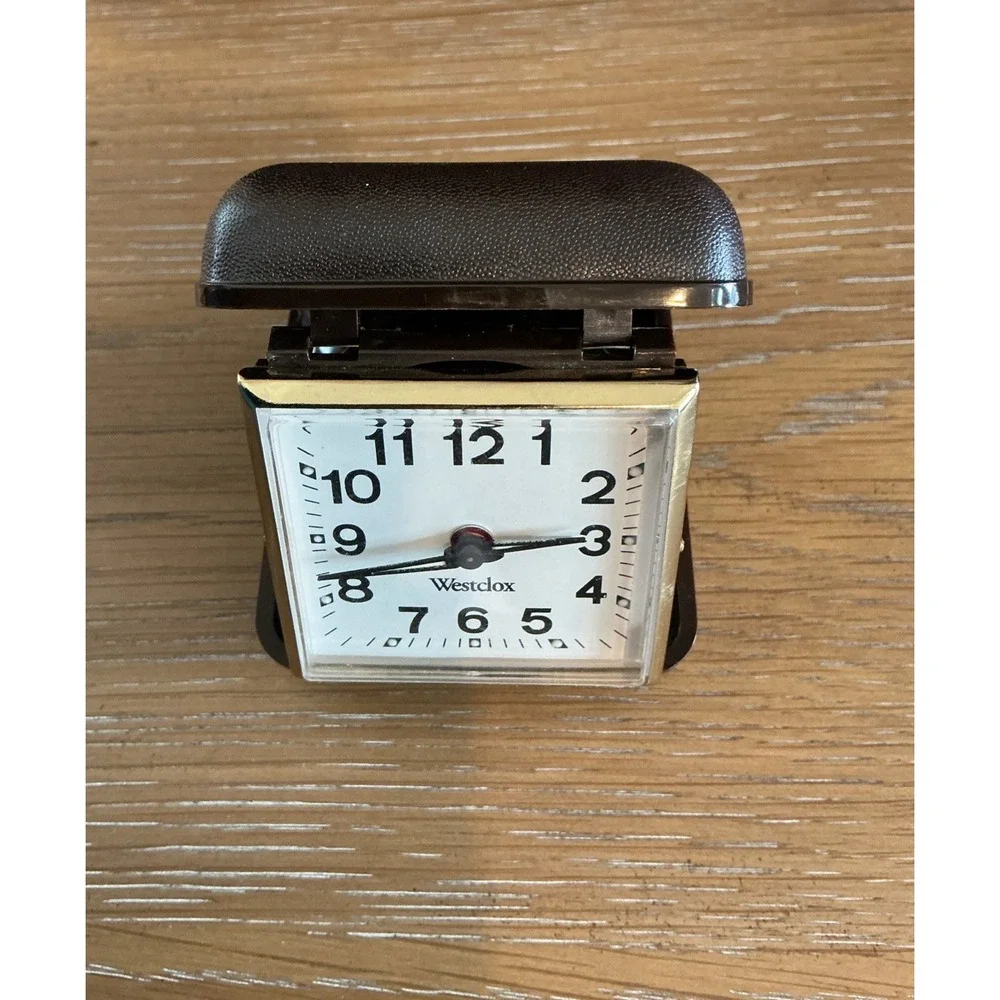 Vintage Westclox Folding Portable Travel Alarm Brown Hard Shell Case And Working